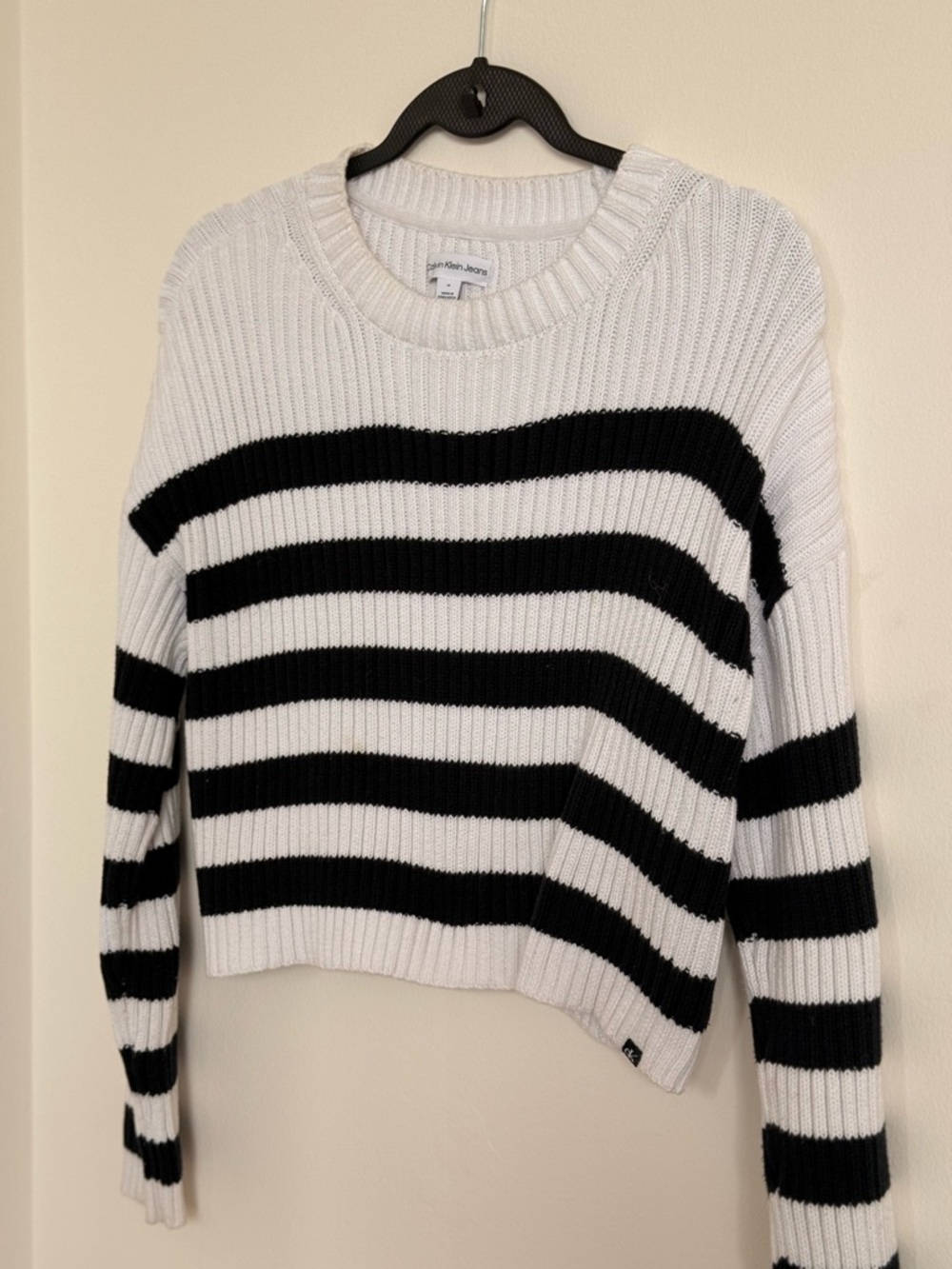 Calvin Klein Jeans Black & White Striped Ribbed Crewneck Sweater